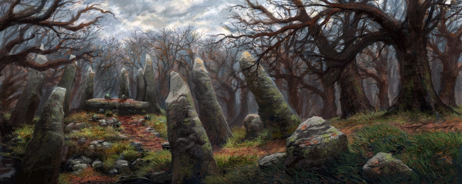 Painting of a forest with rocks and trees in the foreground (art, fantasy, painting, landscape, tree)