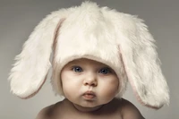 Bébé portant un chapeau de lapin en peluche avec de grandes oreilles, affichant des yeux bleus curieux et une expression douce.