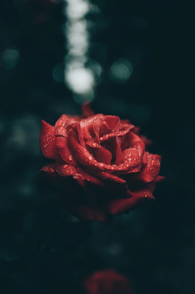 Rosa Híbrida Roja Besada por el Rocío en un Entorno de Jardín Lujoso