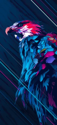 Vibrant digital illustration of a bird with striking azure and magenta feathers, showcasing a detailed beak and dynamic colors against a dark background.