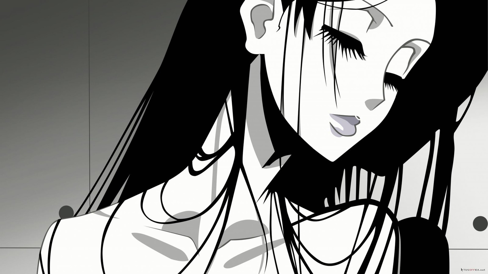 Anime girl with long black hair and piercings in a white shirt (anime, manga, black and white, monochrome, illustration)