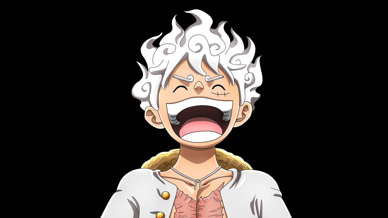 Una imagen de dibujos animados de un hombre con cabello blanco y una camisa blanca (riendo, luffy, one piece, 5k, fondo negro)