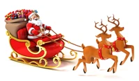 Santa Claus joyfully rides his ornate sleigh, pulled by two reindeer, surrounded by colorful Christmas gifts, embodying the festive spirit of Christmas Day.