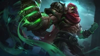 Aldous, el poderoso guerrero de Mobile Legends, irradia fuerza y misterio con su brazo verde brillante y su apariencia amenazante.