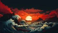 Vibrant Sunset Over Turbulent Ocean Waves