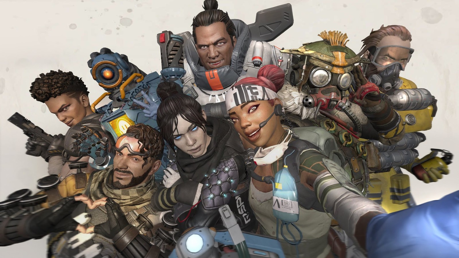 A group of people with guns and helmets posing for a photo (apex legends, video game, wraith, pathfinder, mirage)