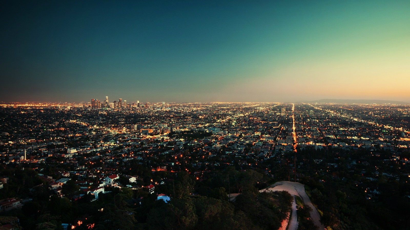 Vista de uma cidade à noite de uma colina (los angeles, paisagem urbana, área urbana, cidade, metrópole)