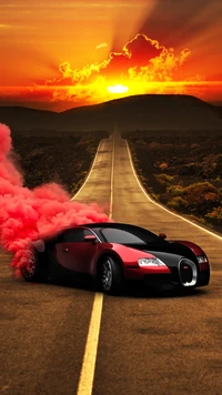 Dynamic Drift: Sport Car in Sunset with Vibrant Smoke