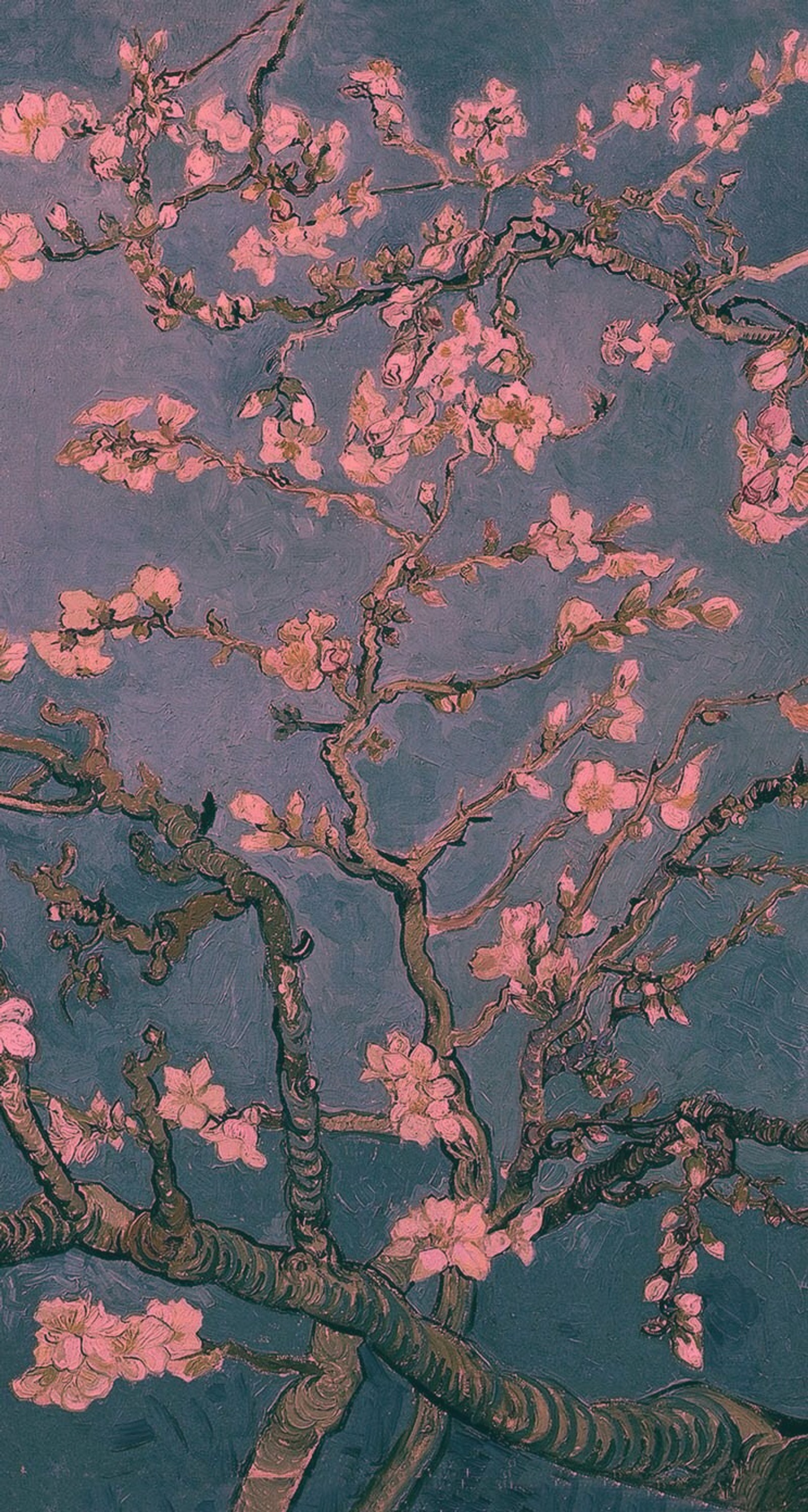 Painting of a tree with pink flowers against a blue sky (art, painting, van gogh)