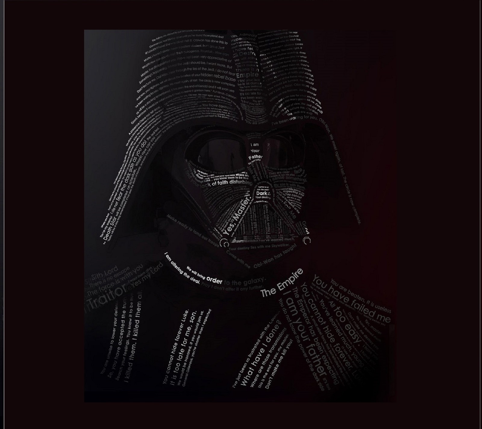 Um close de darth vader com muitas palavras escritas (darth, estrela, vader, guerras)