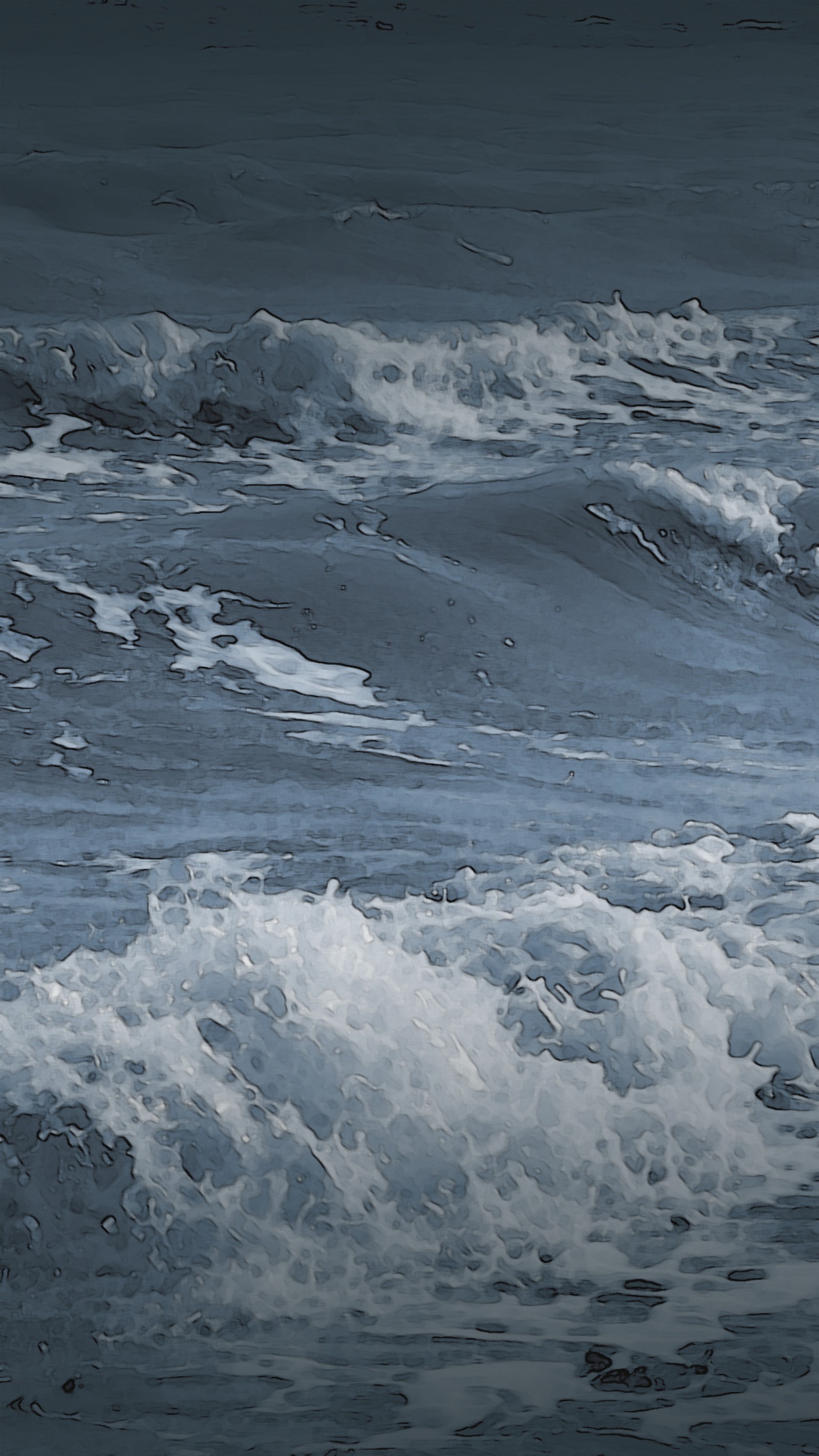 Surfer in the ocean with a surfboard in the foreground (sea, storm, stormy, water, waves)