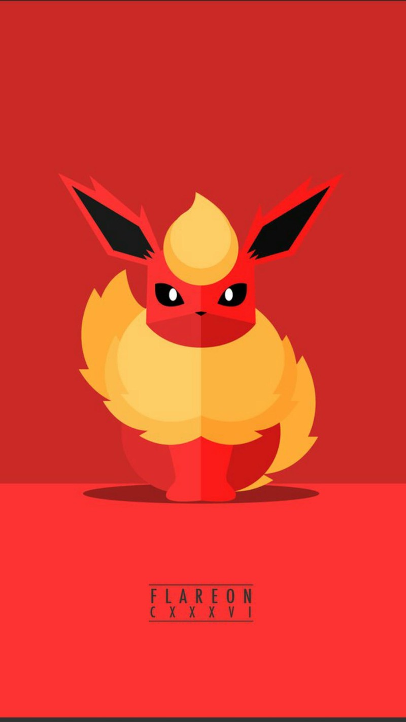 Красный и желтый покемон с черными глазами (аниме, anime, флеарон, flareon, pikachu)