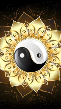 Amuleto floral dourado com padrão Yin-Yang