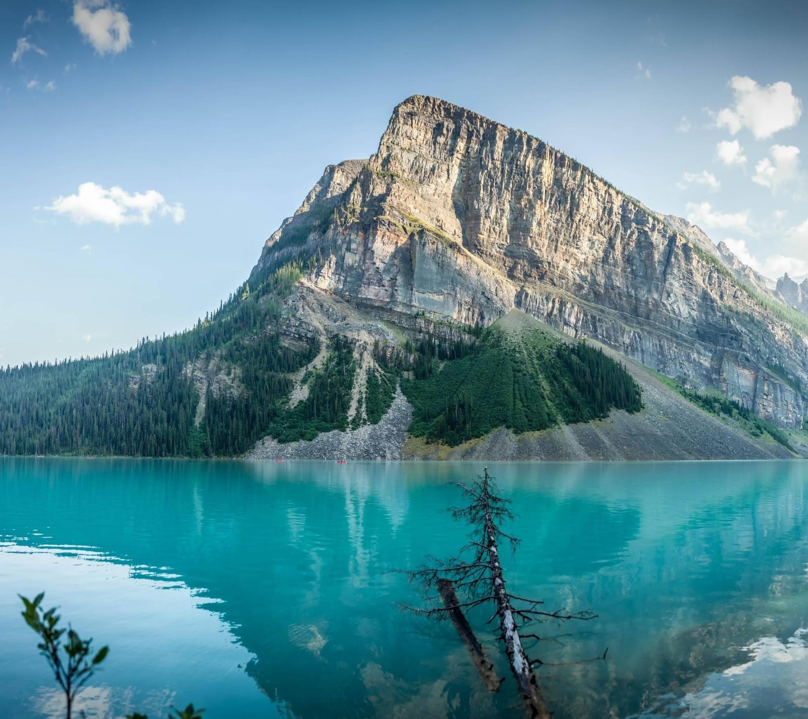 Montaña arafat a lo lejos con un lago y árboles en primer plano (canadá, lago, luis, louise, montañas)