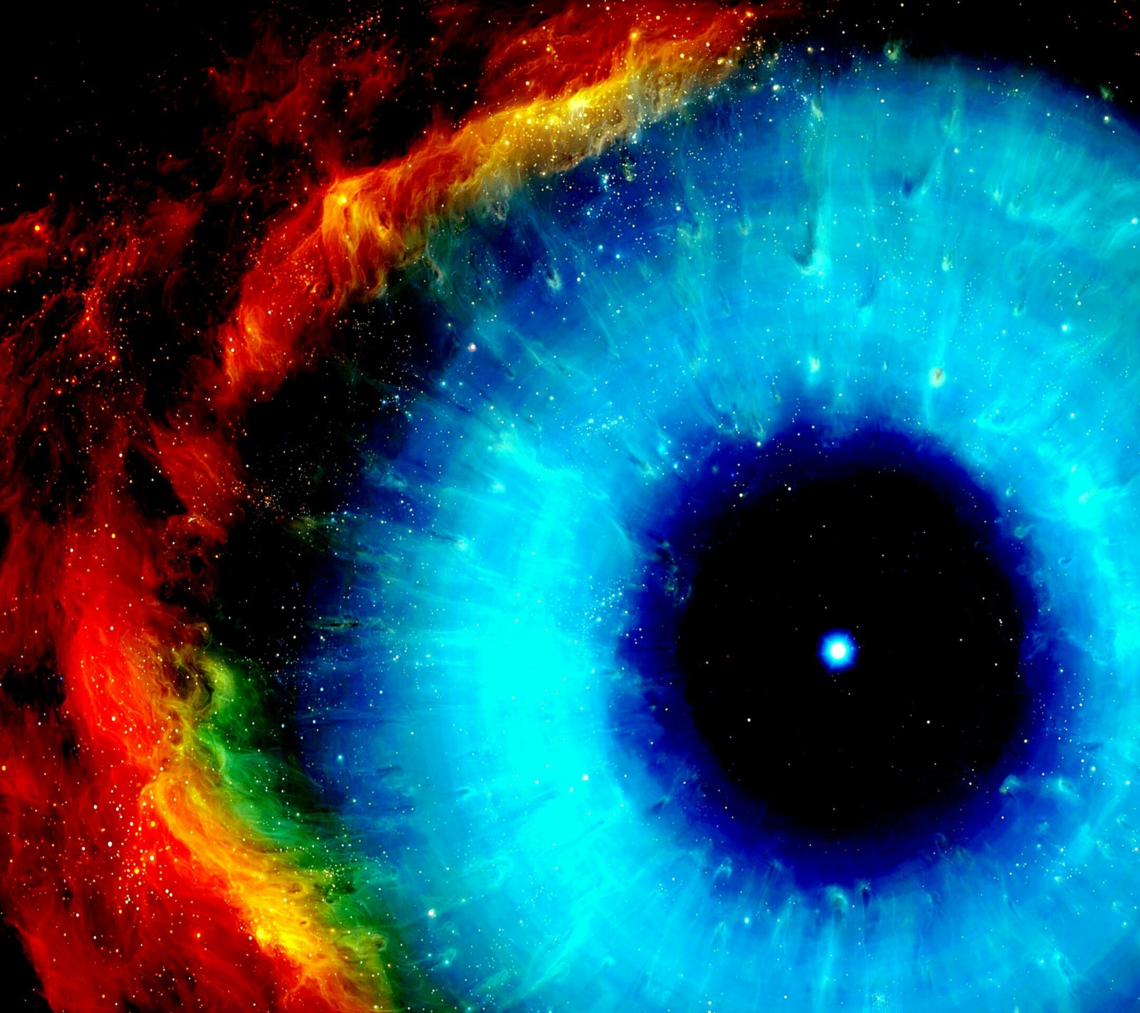 Nahaufnahme eines blauen auges mit einem hellroten ring (augen, universum)