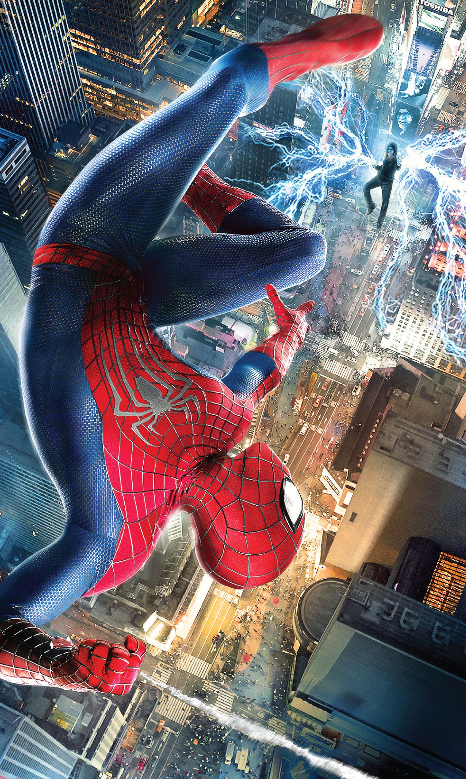 Spider-man en costume volant au-dessus d'une ville avec une ville en arrière-plan (incroyable, art, avengers, fantaisie, marvel)