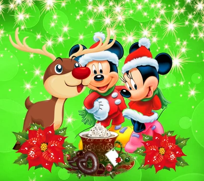 Mickey et Minnie Mouse célèbrent un Joyeux Noël avec un renne et des friandises festives