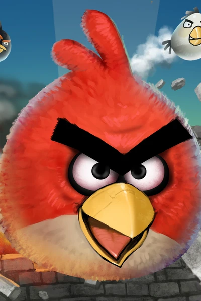 Red Angry Bird with an intense expression, surrounded by other birds in a vibrant, cartoonish setting.