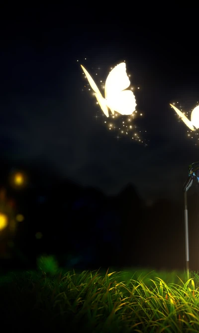 Illuminated Butterflies in a Dreamlike Nightscape