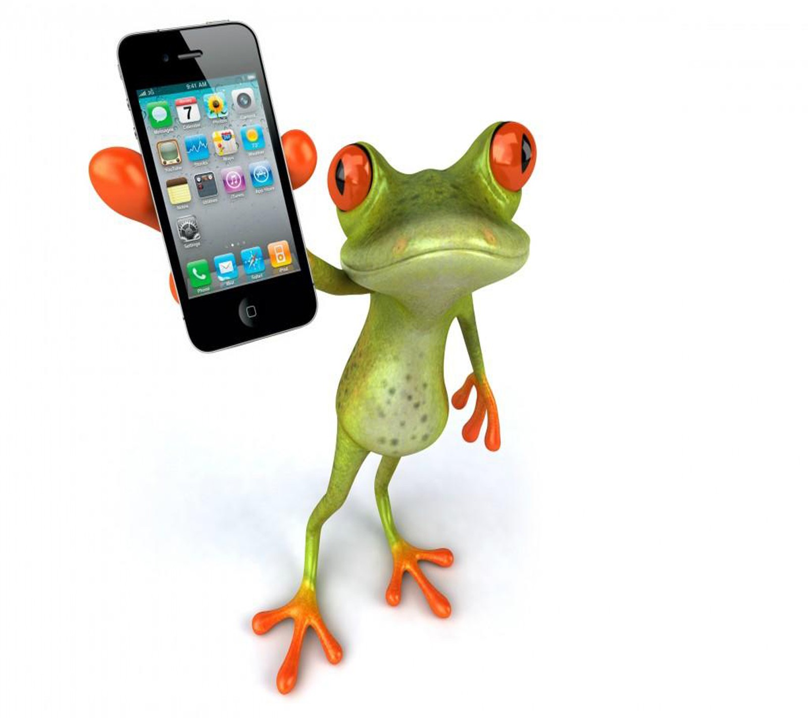 Ein frosch hält ein handy mit seinen armen hoch (lustig, hintergrundbild)