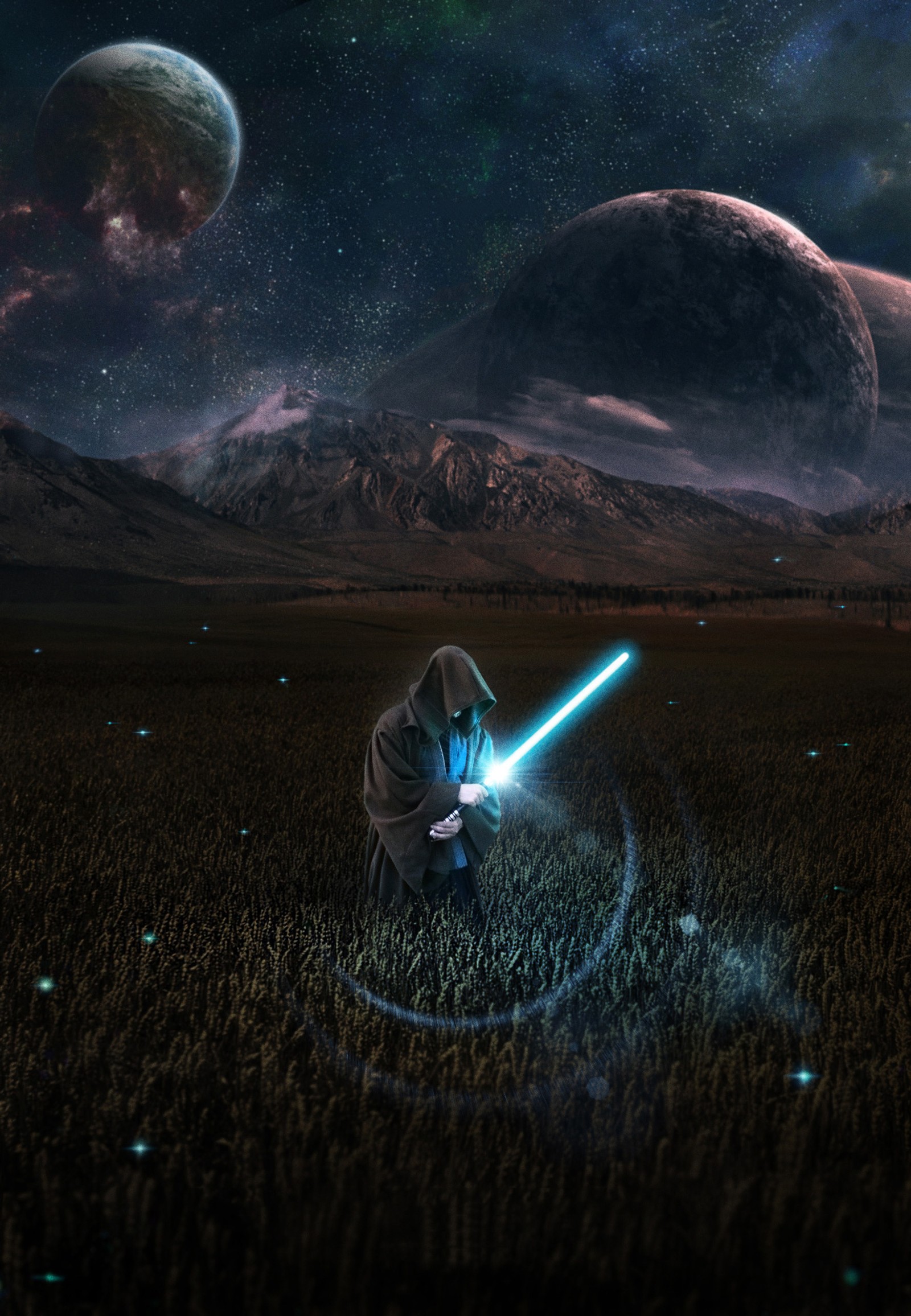 There is a man that is standing in the grass with a light saber (force, hd, movie, star, star wars)