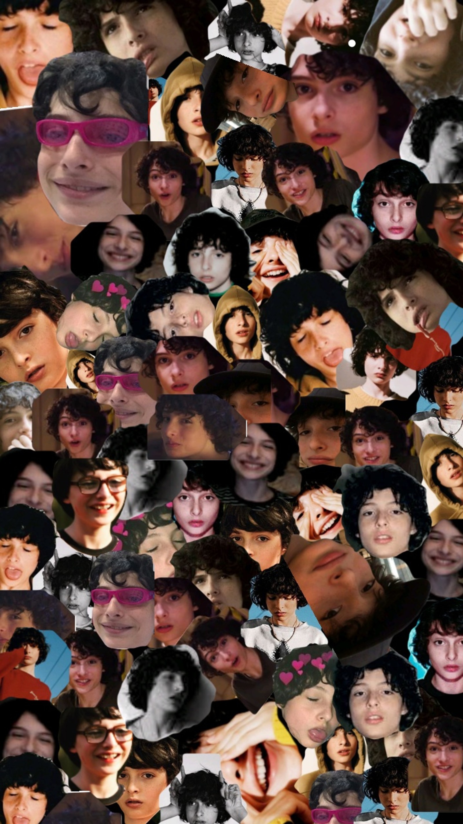 Un primer plano de un collage de un grupo de personas con diferentes rostros (finn wolfhard, stranger things)