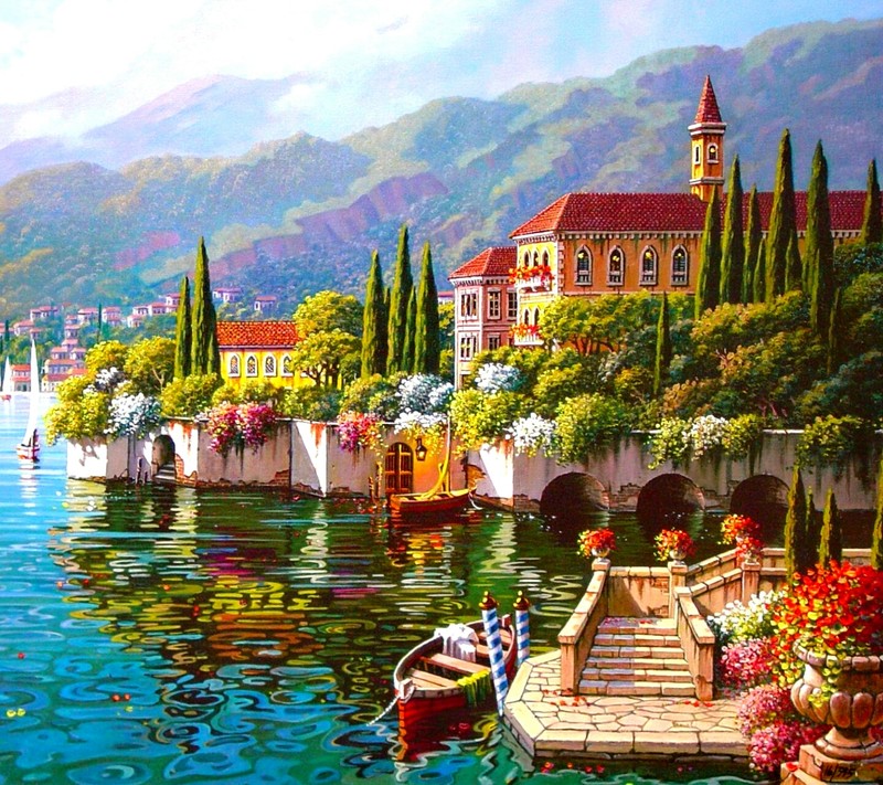 Painting of a boat in a lake with a town in the background (beautiful, landscape)