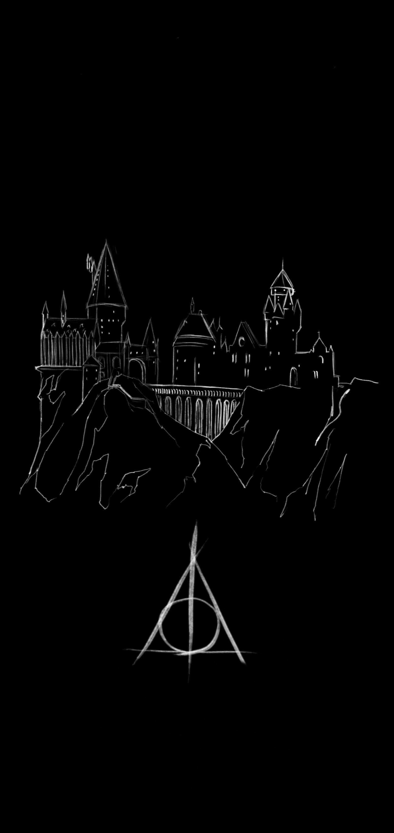 A black and white drawing of a castle with a clock tower (android, castle, drawing, harry potter, hogwarts)