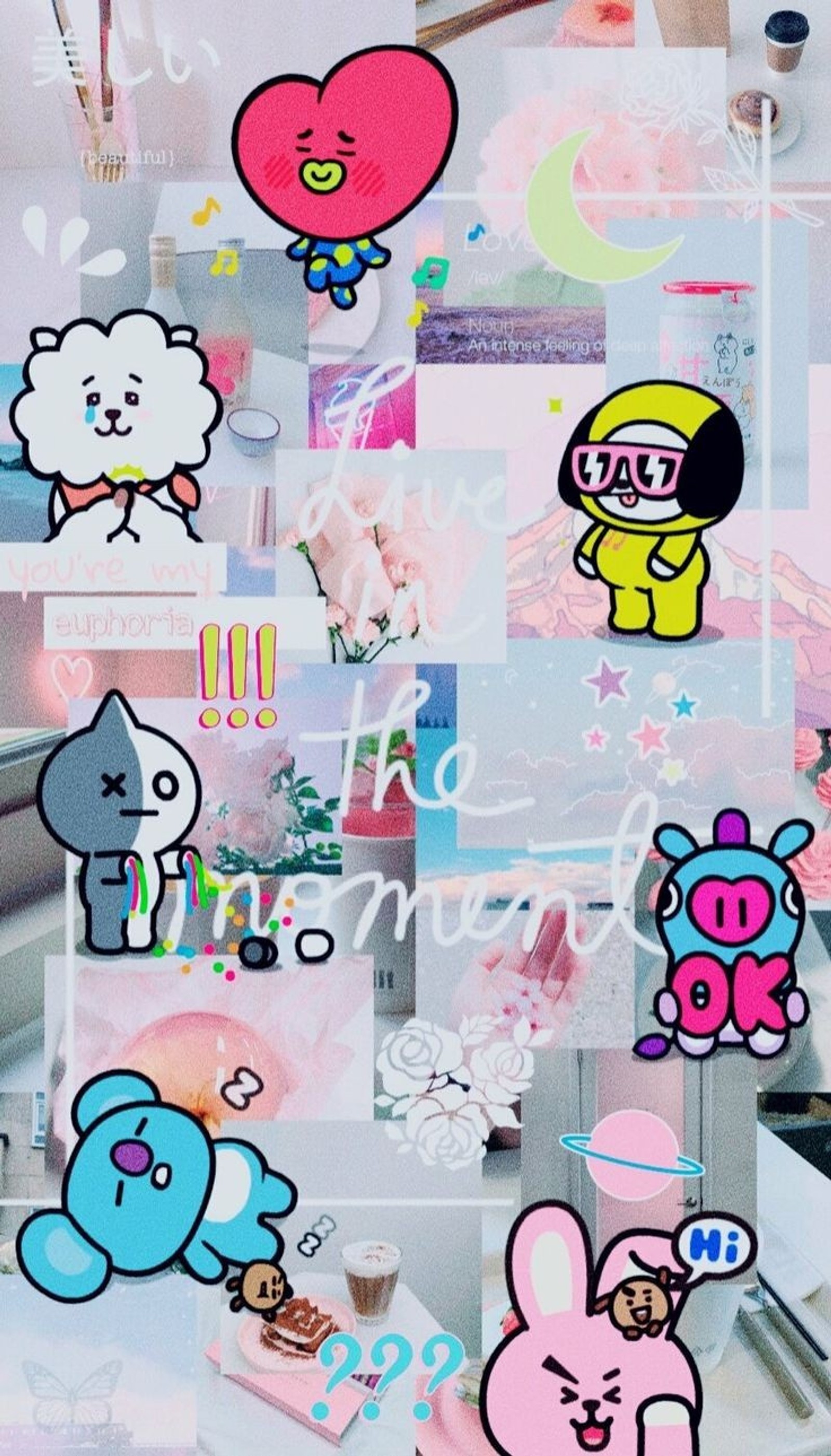 Um close de um monte de adesivos em uma mesa (bt21, bts)