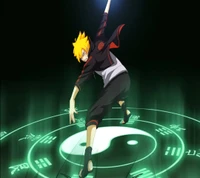 Scène d'action anime dynamique avec un personnage dans une pose martiale, entouré de symboles lumineux et d'un design yin-yang.