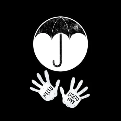 Gráfico inspirado na Umbrella Academy: Olá Adeus com mãos e guarda-chuva