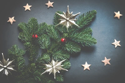 Decoración festiva del árbol de Navidad con adornos y estrellas