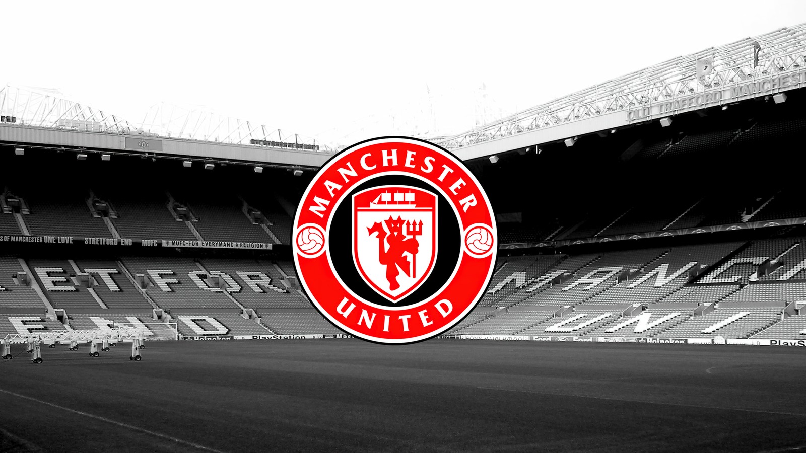 Une image arabe d'un stade de football avec un logo rouge et noir (manchester united, arrière plan monochrome, logo, 5k, stade)