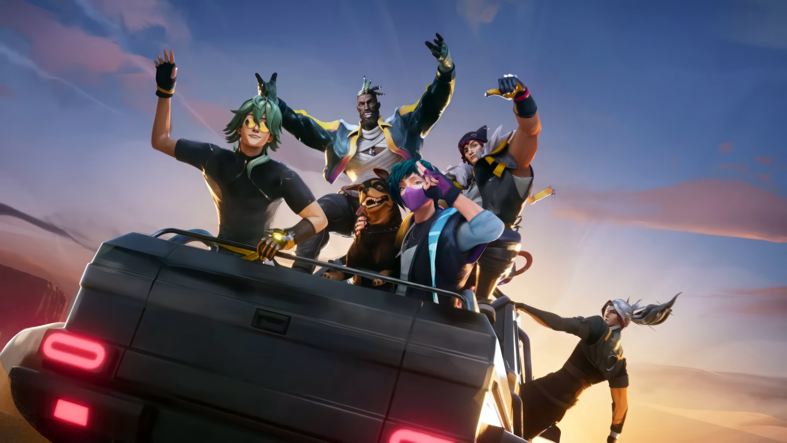 A group of people riding on top of a van in a field (heartsteel, paranoia, ezreal, aphelios, ksante)