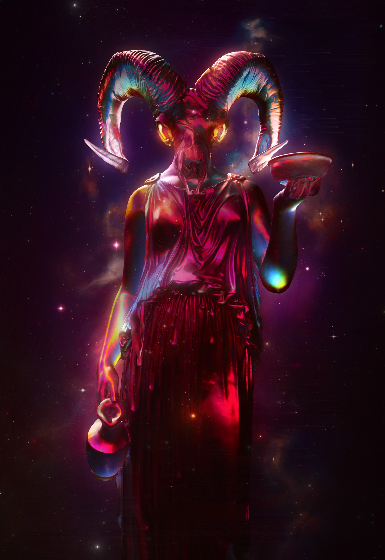 Imagen aérea de una mujer con cuernos y un vestido brillante (celestial, cgi, escultura, romano, nebulosa)