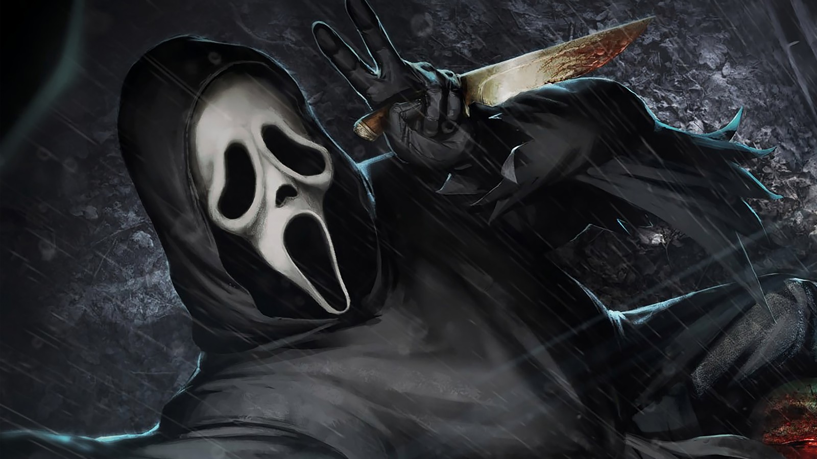 A close up of a person in a hood holding a knife (ghost face, ghostface, dead by daylight, video game)