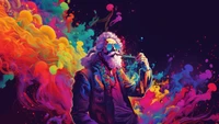 Colorful Portrait of an Old Man with a Moustache Smoking a Pipe