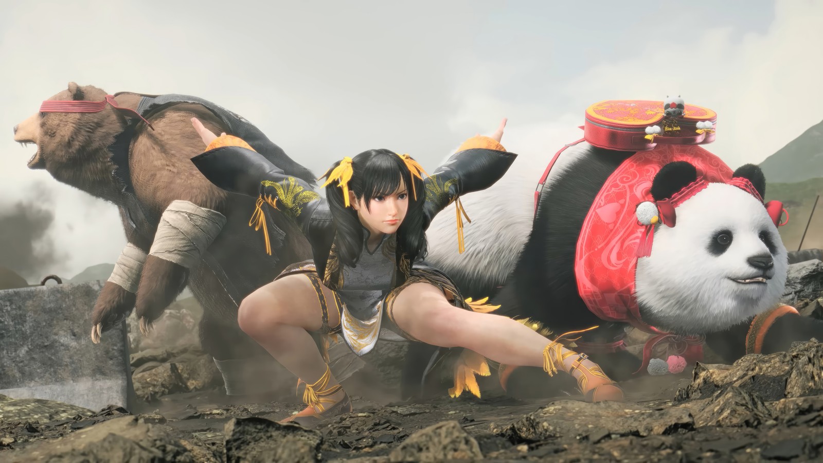 Des girafes et un panda dans une scène du jeu vidéo final fantasy (ling xiaoyu, kuma, panda, tekken 8, jeu vidéo)