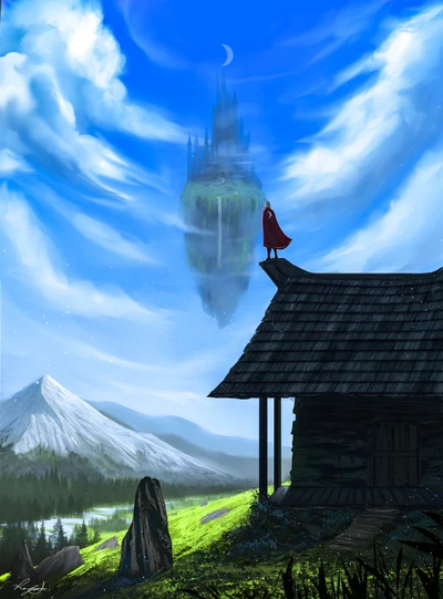 A whimsical landscape featuring a solitary figure in a red cloak atop a rustic house, gazing at an ethereal floating castle amidst dramatic clouds and a picturesque mountain backdrop.