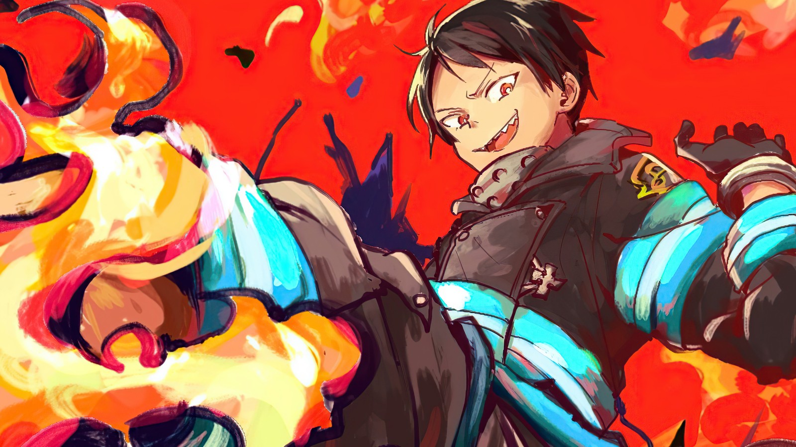 Una pintura de un hombre con una bola de fuego en la mano (shinra kusakabe, 森羅日下部, fire force, anime, enen no shouboutai)