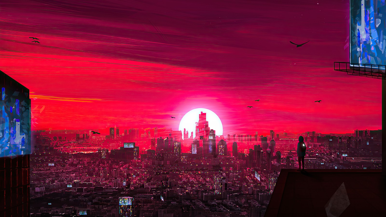 Vista arafed de una ciudad con un cielo rojo y un sol brillante. (cyberpunk 2077, cyberpunk, edificio, atmósfera, rascacielos)