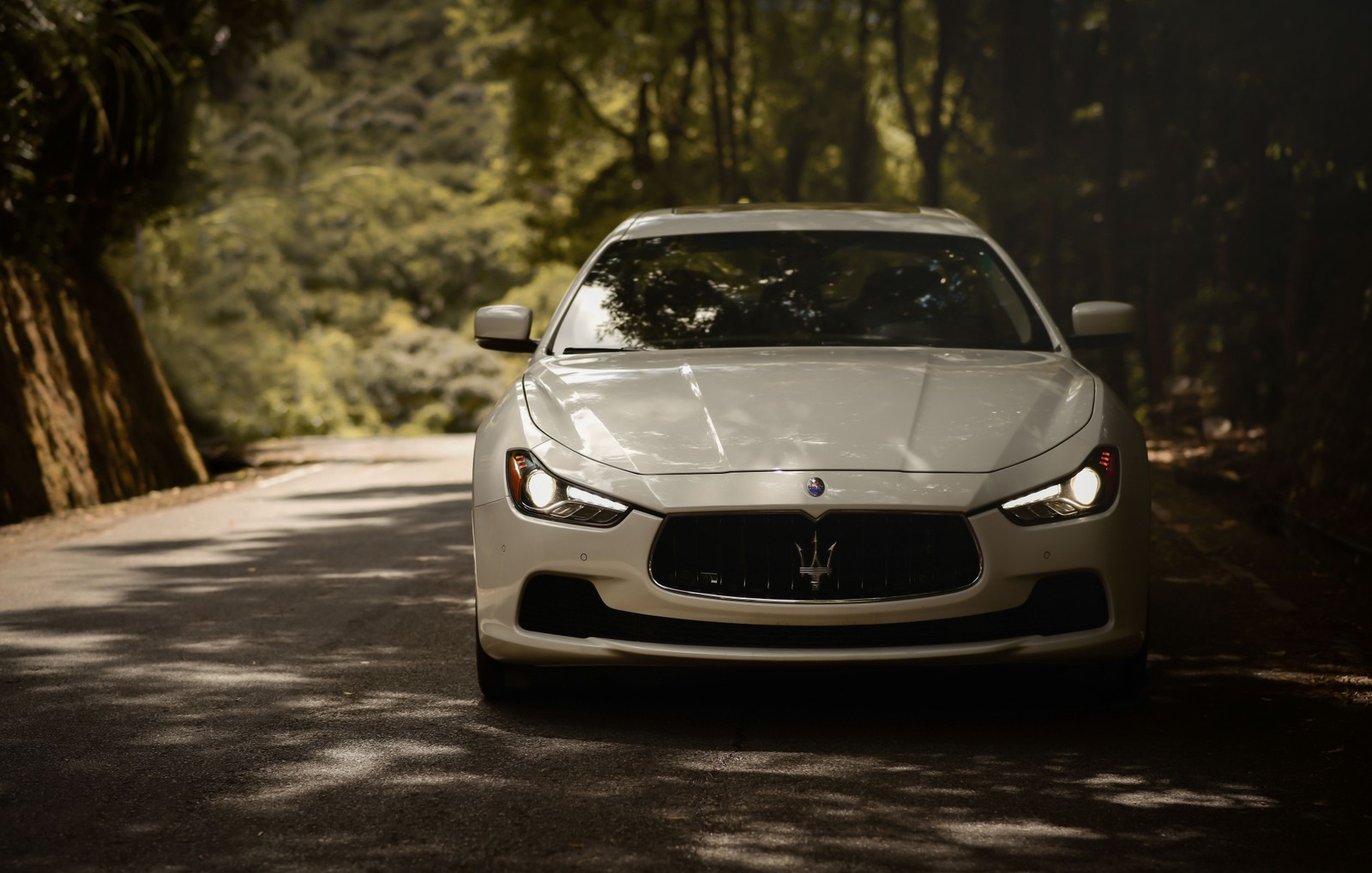 A close up of a car driving down a road in the woods (maserati, maserati granturismo, sports car, mid size car, king)