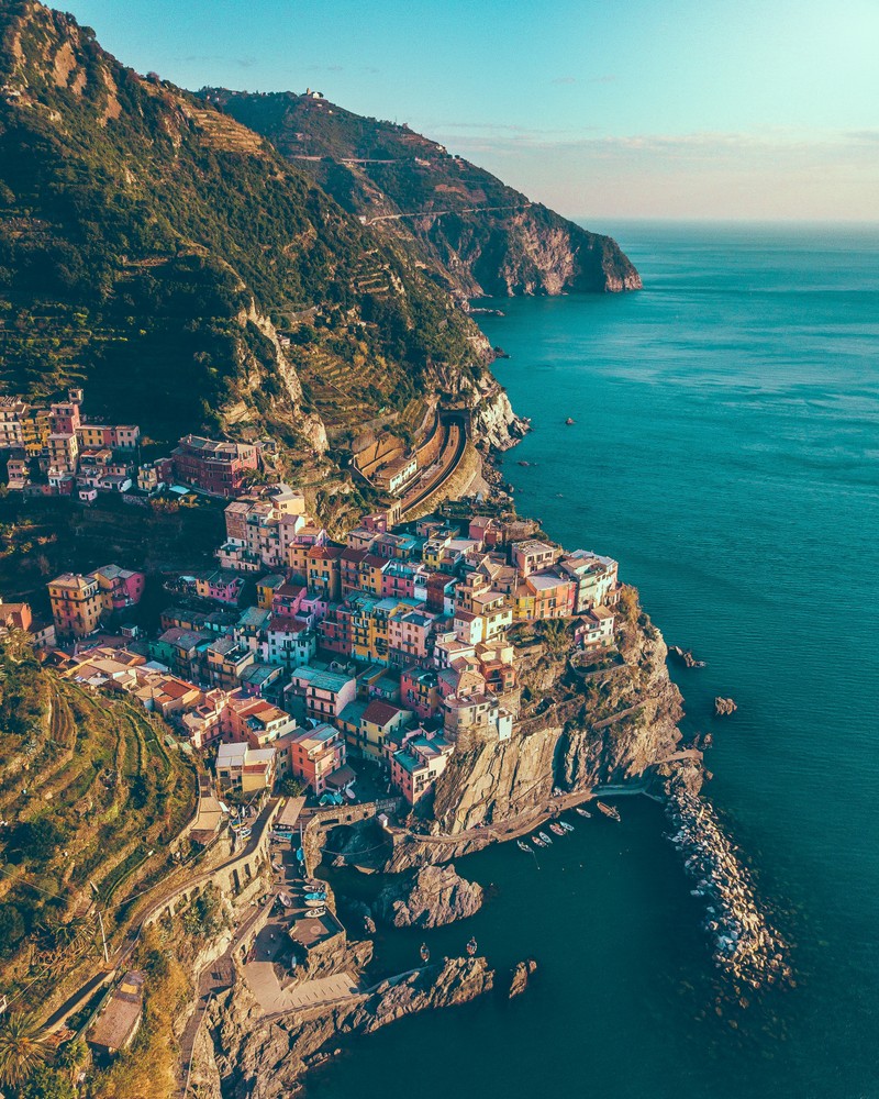 Вид на город на утесе, overlooking the ocean (манарола, manarola, берег, утес, мыс)