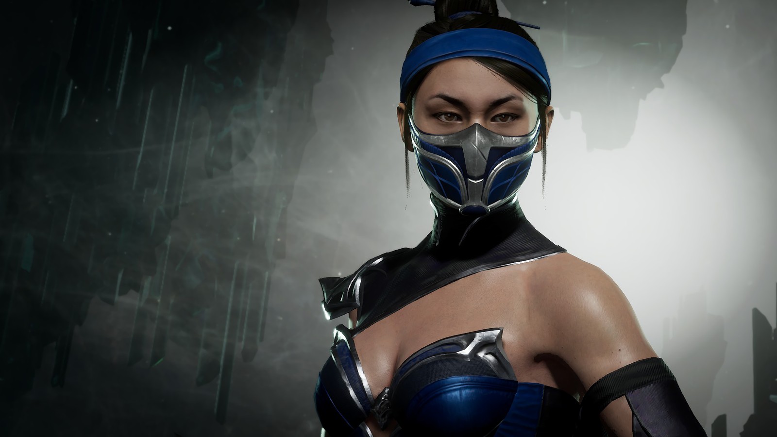 Крупный план женщины в синем и черном костюме (китана, kitana, mortal kombat 11, видеоигра)