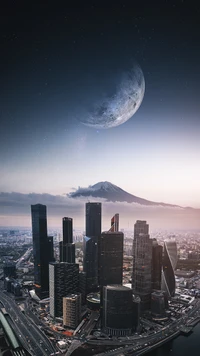 Skyscrapers Under a Celestial Moonrise Over the City