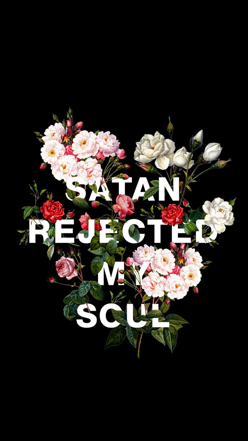 Близкий план букета цветов с надписью «сatan rejected my soul» (цветочный орнамент, садовые розы, роза, цветок, лепесток)