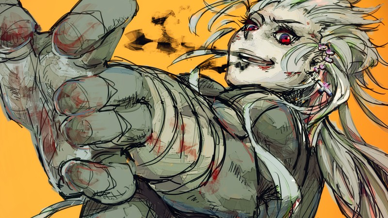 Un primer plano de un dibujo de una persona con un cuchillo (dorohedoro, anime, noi)