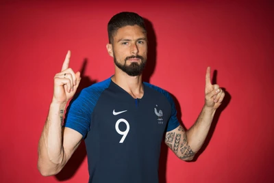 Olivier Giroud comemorando como atacante da França durante a Copa do Mundo de 2018