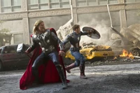 Epic Battle: Thor and Captain America in Action Amidst Urban Chaos