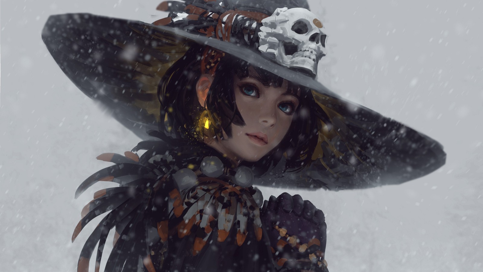 Witch in a black hat and a black dress with a skull on it (fantasy, girls, witch)